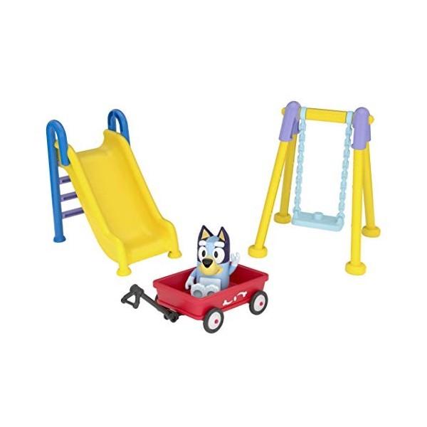 Bluey Park Play Set: Bluey Articulated 2.5 Inch Action Figure and Three Piece Park Playset with Swing, Slide and Ridable Wago