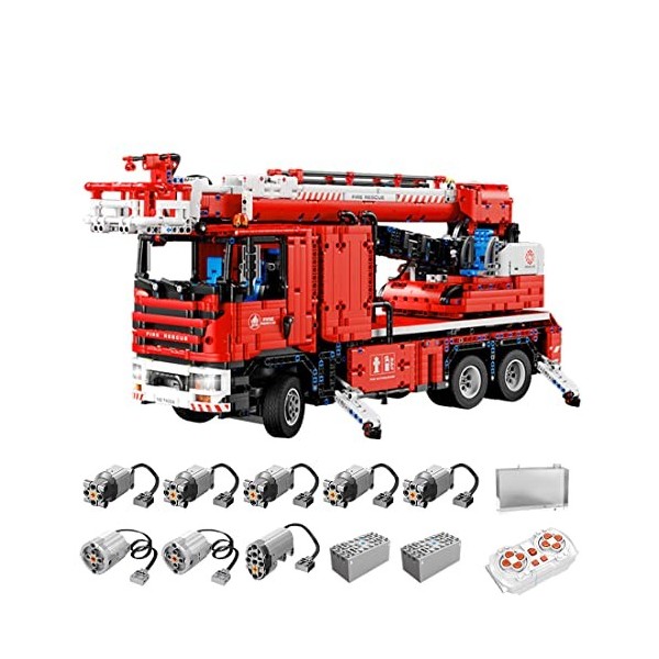 SRYC Kit de construction de camion de pompier, 4629 pièces, technique télécommandée, avec fonction de pulvérisation deau, bl
