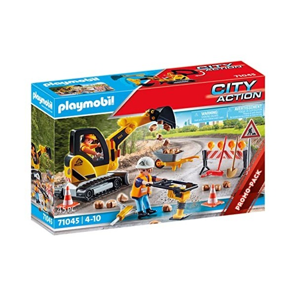 Playmobil 71045 Ouvriers de voirie - City Action - Travaux de Chantier - Promo Pack Deux ouvriers, Engin de Construction et m