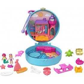 Polly Pocket Coffret Univers La Plage des Dauphins, mini-figurines Polly et sirène, 5 surprises et 12 accessoires, jouet pour