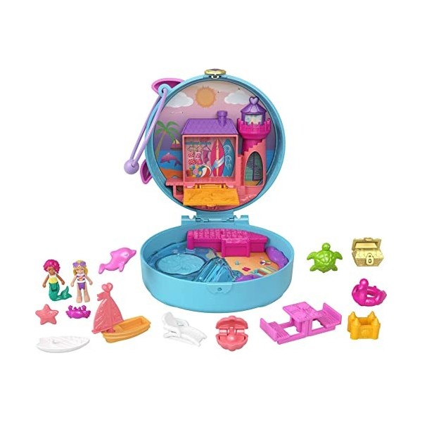 Polly Pocket Coffret Univers La Plage des Dauphins, mini-figurines Polly et sirène, 5 surprises et 12 accessoires, jouet pour