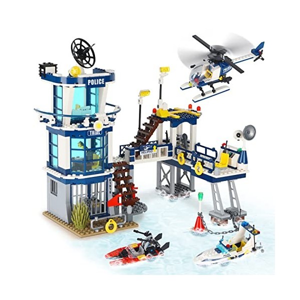 QLT City - Lot de 565 blocs de construction à pince - Compatible avec Lego City - Avec hélicoptère, bateau, cadeau pour garço