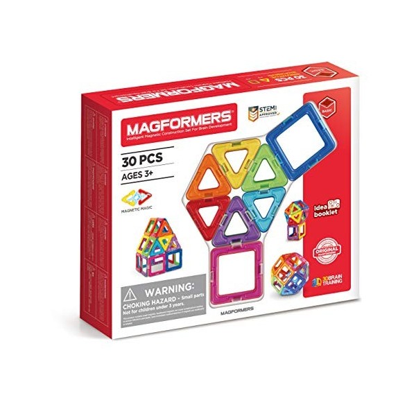 Magformers 30-Piece Magnetic Tiles Toy. STEM Set. Educational Teaching Resource With 18 Squares And 12 Triangles. Magnetic Bu