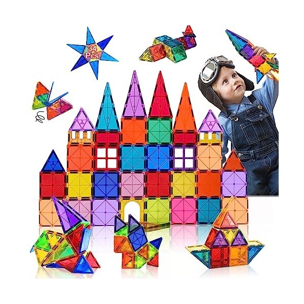 Construction Magnetique Enfant 3-8 ans Fille Garçon 34PCS Bloc De Construction Magnétique Enfants Magnetic Tiles Jouet Jeux M