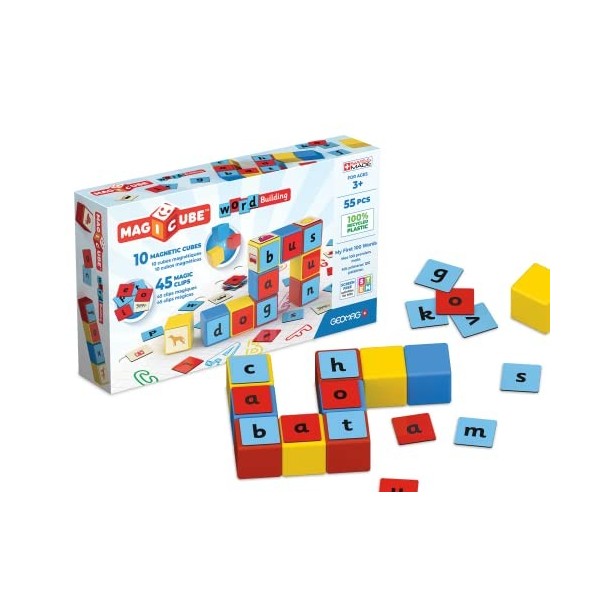 Geomag, Magicube Word Building Clips, Jeux Magnétiques pour Enfants dès 3 Ans, pour Apprendre lAnglais, Pack de 55 Pièces