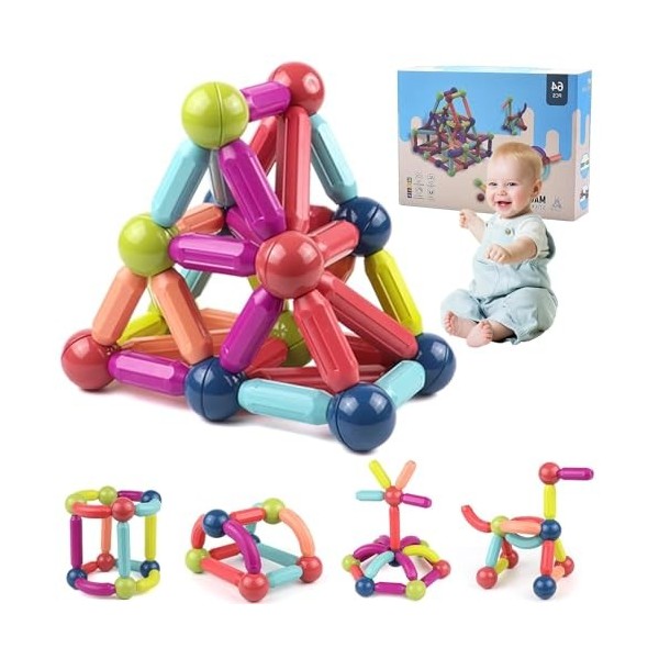 DoeDoefong Construction Magnétique Blocs Jouet, 64 pièces Jeu de Construction Magnétique pour Garçons et Filles -3D Jouets Ma