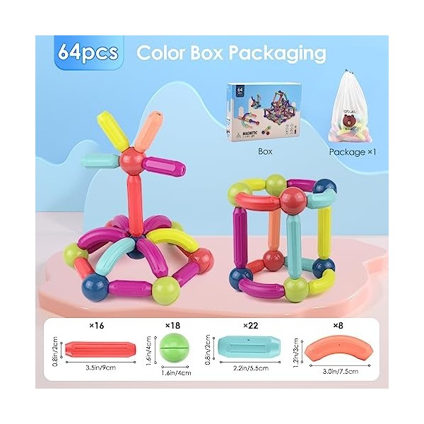 DoeDoefong Construction Magnétique Blocs Jouet, 64 pièces Jeu de Construction Magnétique pour Garçons et Filles -3D Jouets Ma