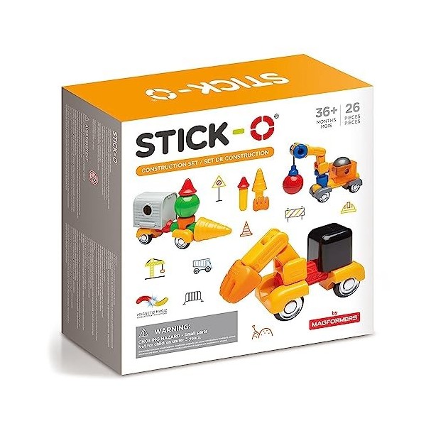 Stick-O Construction Vehicles Magnetic Building Blocks Set. Funky, Chunky Pieces to Make Diggers and Dumpers. Perfect for Lit