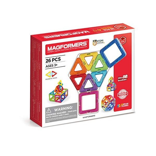 Magformers 26-Piece STEM Magnetic Tiles Toy, Used in Schools for Maths and Geometry, Rainbow-Coloured Squares and Triangles w