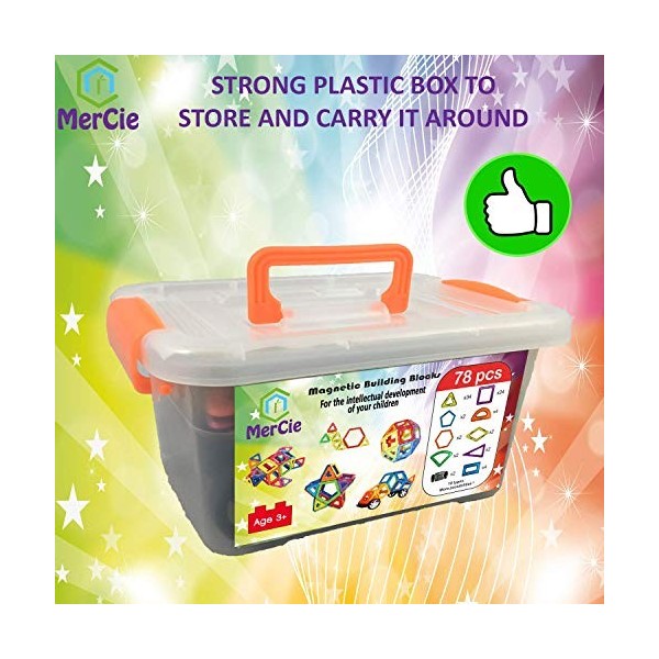 MerCie Blocs Construction magnétiques| 78 pcs + ebook 100 modèles| Briques aimantées XL sans Lettre + Boite de Rangement Plas