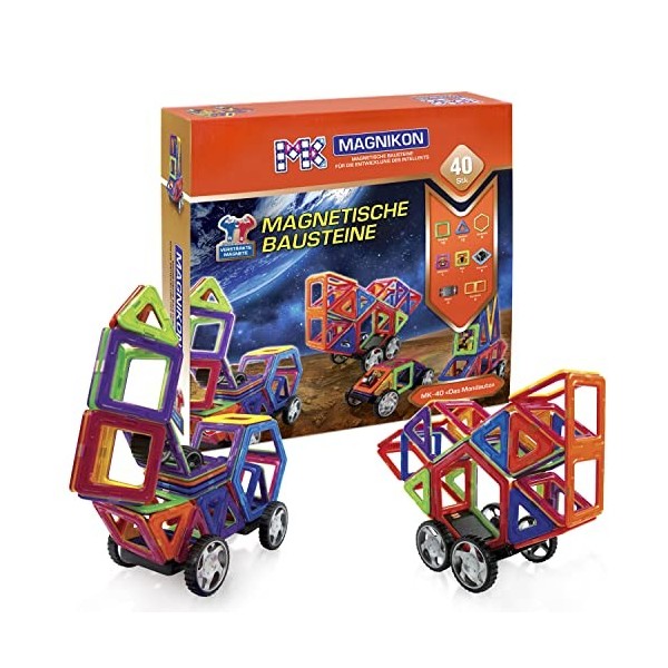 Magnikon Lot de 40 blocs de construction magnétiques pour enfants à partir de 3 ans et plus Motif voiture lunaire Idéal comme