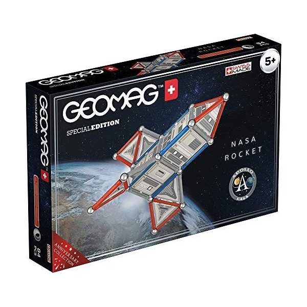 Geomag- Special Edition Rocket NASA Construction Magnétique, 810, Blanc, Gris, Rouge, 84 pièces + Lunar Rover NASA Constructi