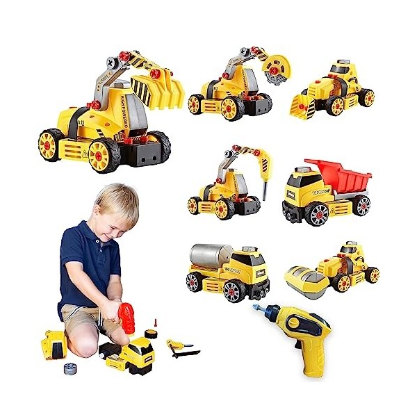 ThinkGizmos TG903 Set de Jeux de Construction à Monter 7 en 1 pour Garçon et Fille – Véhicules de Chantier avec Lumière et So