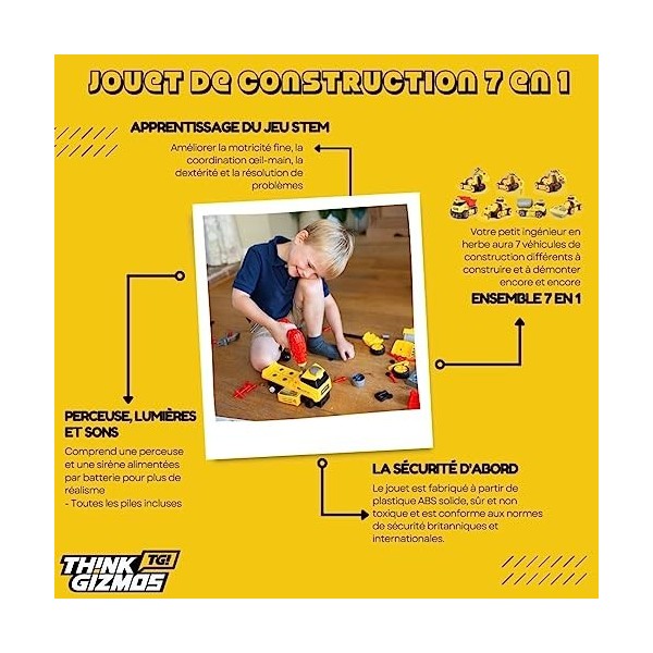 ThinkGizmos TG903 Set de Jeux de Construction à Monter 7 en 1 pour Garçon et Fille – Véhicules de Chantier avec Lumière et So