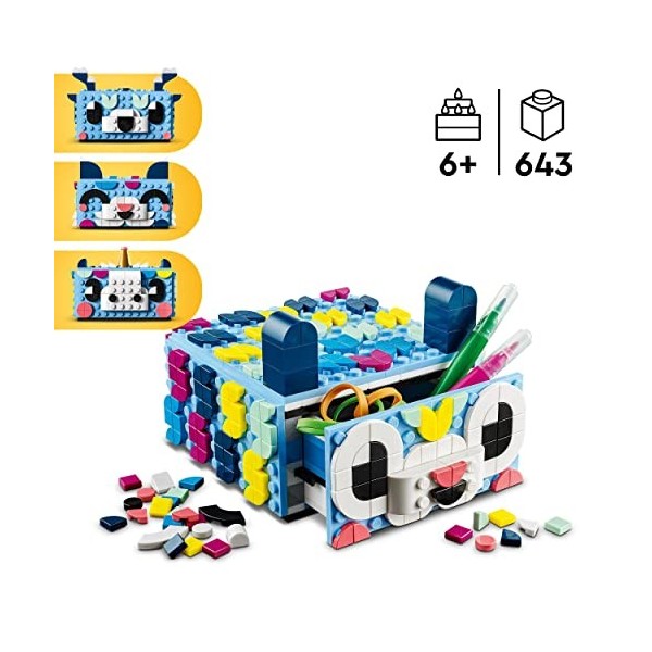 LEGO 41805 Dots Le Tiroir Animal Créatif, Kit de Mosaïque avec Briques, Boîte de Rangement pour Bijoux, Vide-Poches, Loisir C