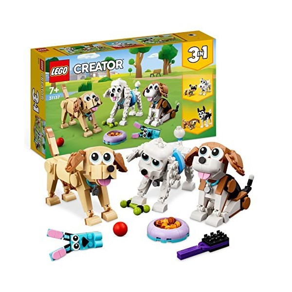 LEGO 31137 Creator 3-en-1 Adorables Chiens, Figurines de Teckel, Carlin, Caniche, Jouet de Construction pour Enfants Dès 7 An