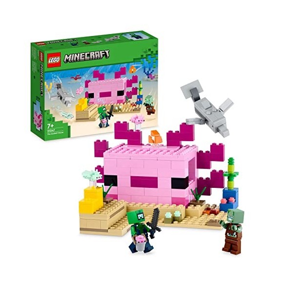 LEGO 21247 Minecraft La Maison Axolotl, Base Aquatique à Construire avec Plongeur Explorateur, Zombie, Dauphin et Poisson, Jo