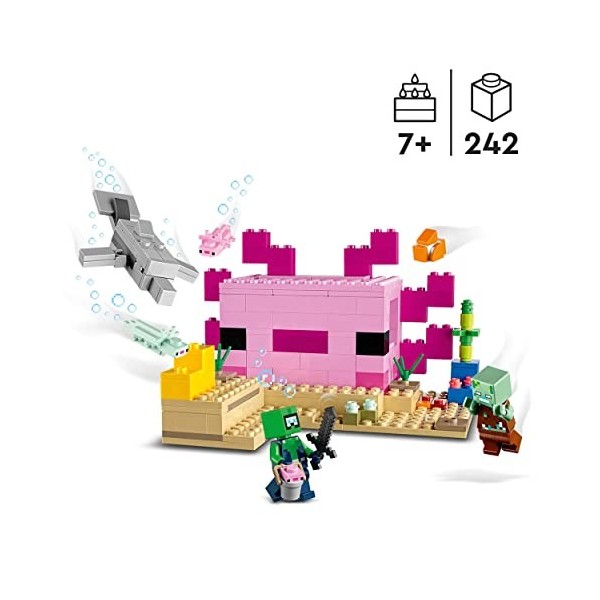LEGO 21247 Minecraft La Maison Axolotl, Base Aquatique à Construire avec Plongeur Explorateur, Zombie, Dauphin et Poisson, Jo
