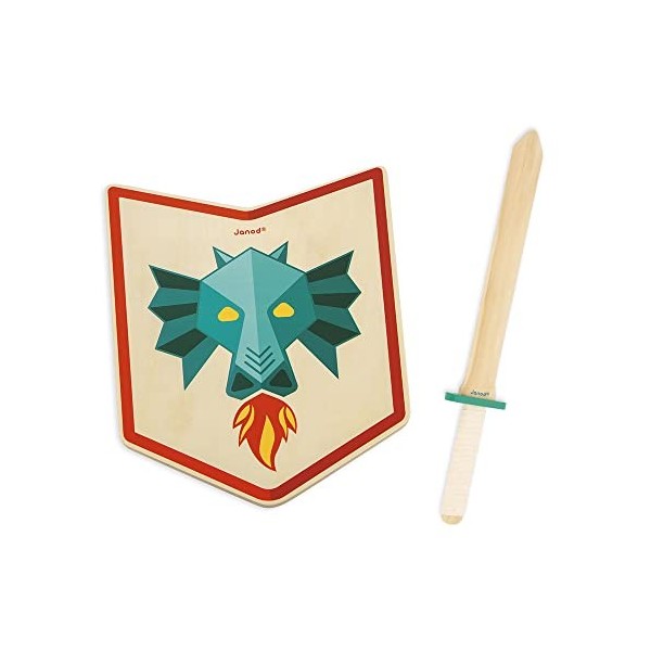 Janod - Set Chevalier Dragon - Bouclier et Épée en Bois - Jouet dimitation - Jeu de Plein Air - Jeu Educatif Imagination et 