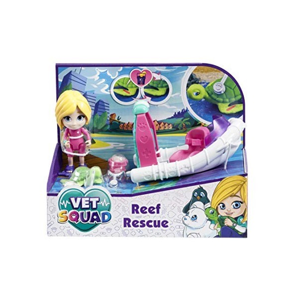 Vet Squad Reef Rescue-Emily & Boat Figurine vétérinaire articulée 7,6 cm avec véhicule, Animal de Compagnie et Accessoires