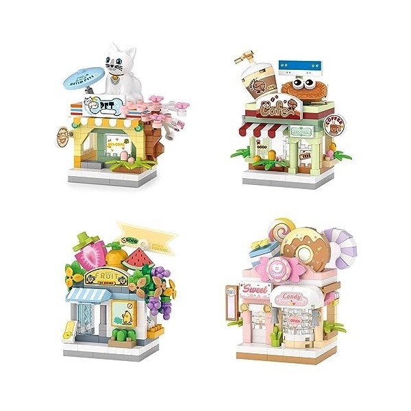 VRUCUZ Mini City Shop Street View Building Blocks, simulation créative pour animaux de compagnie, café, fruits, bonbons Bouti