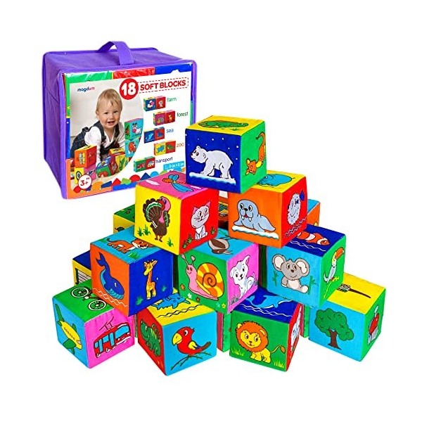 jouet bebe cube Magdum 18 Cubes Mousse Enfants Animaux et Véhicules - jeux bebe 6 mois motricité bébé - cube motricité mousse