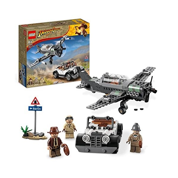 LEGO 77012 Indiana Jones La Poursuite en Avion de Combat, Jouet avec Maquette Avion et Voiture Vintage à Construire, avec 3 M