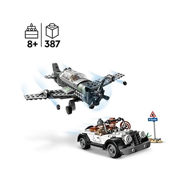 LEGO 77012 Indiana Jones La Poursuite en Avion de Combat, Jouet avec Maquette Avion et Voiture Vintage à Construire, avec 3 M