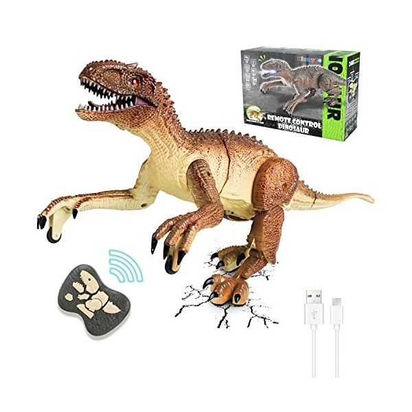 Kizmyee Jouet de Dinosaure, Dinosaure Télécommandé pour Enfants Velociraptor Réaliste avec Marche, Rugissement, Yeux Brillant