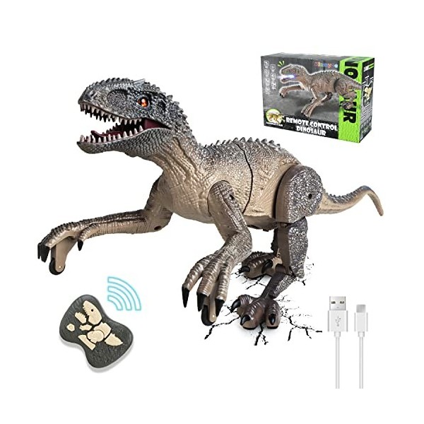 Kizmyee Jouet de Dinosaure, Dinosaure Télécommandé pour Enfants Velociraptor Réaliste avec Marche, Rugissement, Yeux Brillant