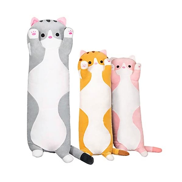 shownicer Oreiller Peluche, Mignon Chat Long, Jouet Doux Anime, Coussin Poupée, Animaux Peluche, Coussin Câlin Traversin Orei