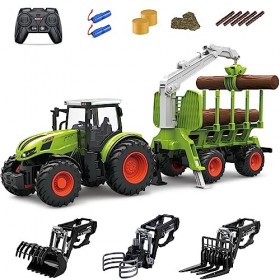 fisca Tracteur télécommandé, RC Tracteur de Ferme avec remorque, y Compris Tracteur, grappin en Bois, Baguettes en Bois et gr