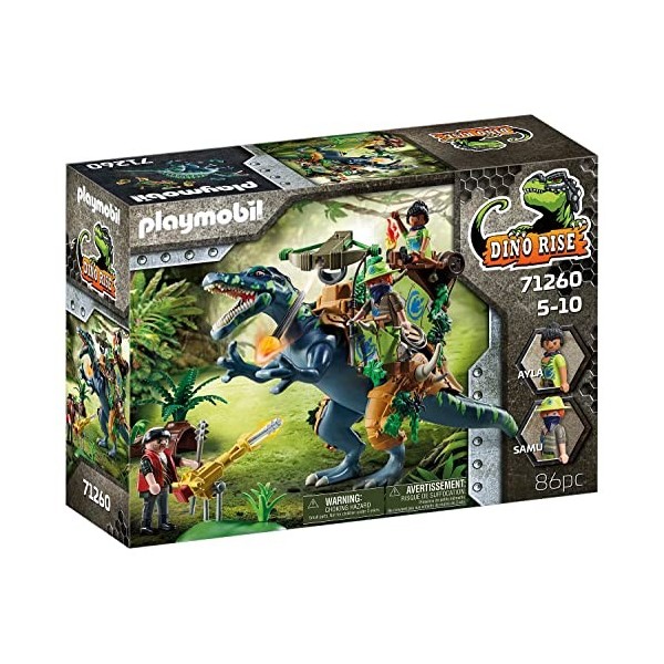 Playmobil Dino Rise 71260 Spinosaure et Combattant, Dinosaure avec Armure Amovible et Grand Canon pivotant, Jouet pour Enfant