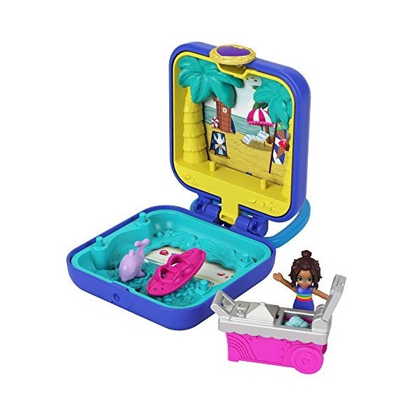 Polly Pocket mini-coffret Univers Shani à la Plage, mini-figurines Shani et dauphin, autocollants inclus, jouet pour enfant, 