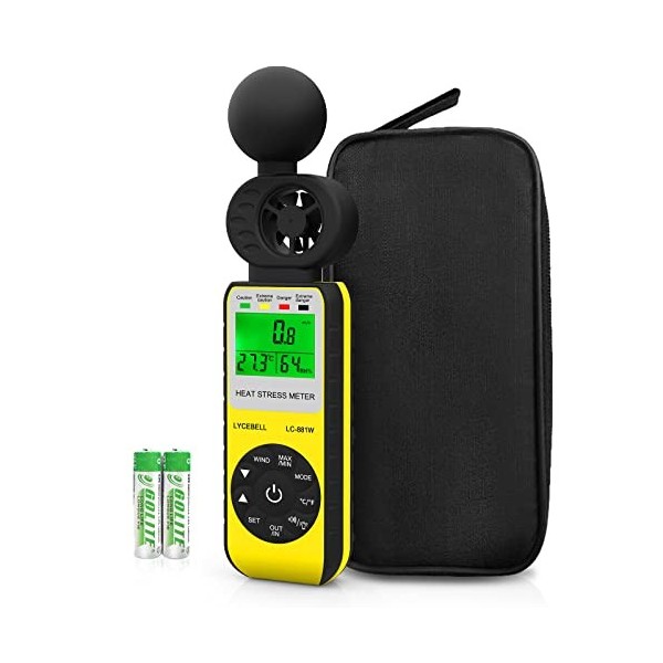 LYCEBELL Anémomètre Numérique, LC-881W Anémomètre Portable, avec Vitesse du Vent/Température/Humidité/Alarme WBGT pour Vol de