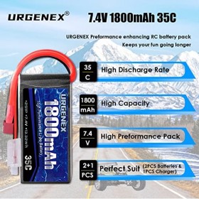 URGENEX Lot de 2 batteries Lipo 2S 7,4 V Lipo, RC Lipo 35C 1600 mAh Li-Po avec prise T Campatibal avec WLtoys Rc Cars A959-B,
