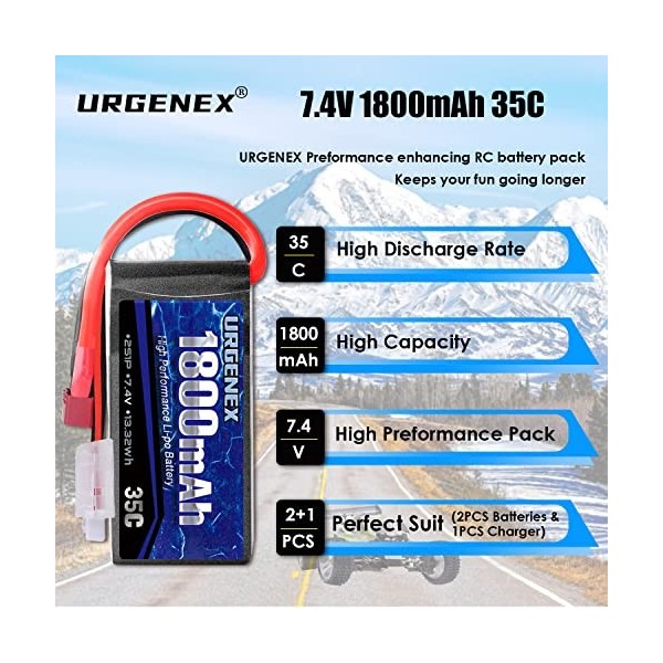 URGENEX Lot de 2 batteries Lipo 2S 7,4 V Lipo, RC Lipo 35C 1600 mAh Li-Po avec prise T Campatibal avec WLtoys Rc Cars A959-B,