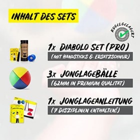 Diabolo Freizeitsport Set de Jonglage pour Professionnels avec Kit Diabolo Pro Bleu et 3X BALLES de Jonglage 62mm - Guide 