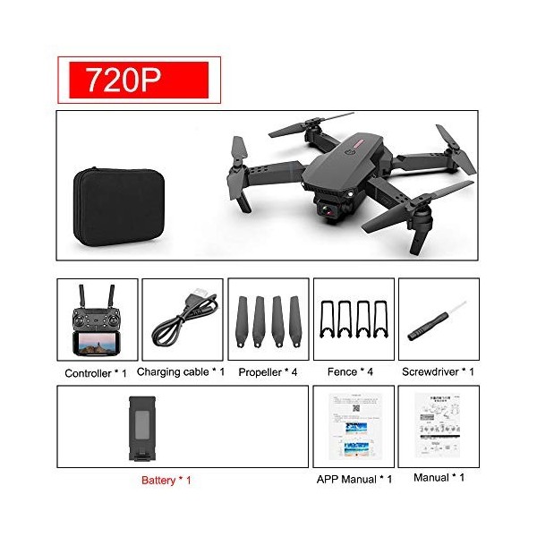 Drone E88 Pro, mini drone pliable avec caméra HD 720P / 1080P, drone quadricoptère WiFi FPV RC, maintien en altitude, rouleme