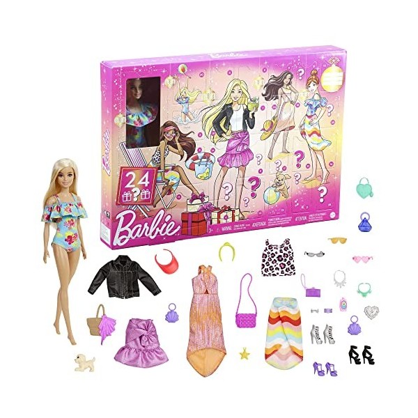 Barbie Calendrier de lAvent avec poupée et 24 surprises dont tenues et accessoires de soirée tendance, Jouet pour enfant, GY
