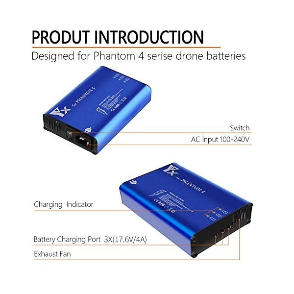 LYONGTECH Chargeur de Batterie pour DJI Phantom 4 Advanced/Pro Drone, Charge 3 Piles et Radiocommande Simultanément, Station 