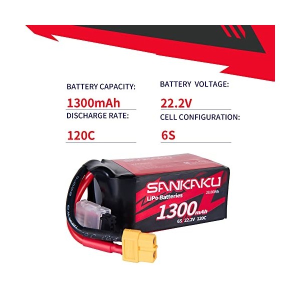 SANKAKU 1300mAh 6S Lipo Batterie 22.2V 120C Batterie Lithium Polymère Emballage Souple avec connecteur XT60 pour RC FPV hélic