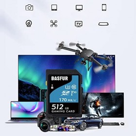 Basfur Carte mémoire de SD 512 Go, adaptée aux téléphones, Ordinateurs, Drones et Autres appareils Android, Transmission à Gr