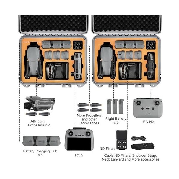 SIWUXE Air 3 Case Etui de transport rigide étanche accessoires pour DJI Air 3 Fly More Combo RC 2 & RC-N2 