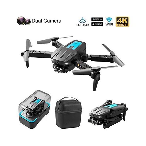 OBEST Mini drone T3, caméra 4k HD intégrée avec lumières LED, vol latéral, fonction WIFI, transmission en temps réel via télé