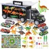 Camion Transporteur de Voitures avec Oeuf et Figurine Dinosaure, Tapis de Jeu, Mini Voiture de Course, Panneaux Routiers pour