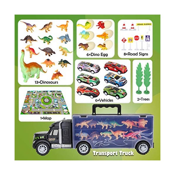 Camion Transporteur Dinosaure Avec 12 Voitures Et Circuit De Course - Jouet Enfant 3-7 Ans - Cadeau Garçon Fille