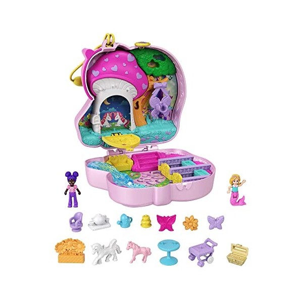 Polly Pocket Coffret Forêt des Licornes, avec corne pailletée et décor de goûter, 2 mini-figurines et 13 accessoires, Jouet E