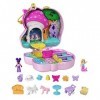 Polly Pocket Coffret Forêt des Licornes, avec corne pailletée et décor de goûter, 2 mini-figurines et 13 accessoires, Jouet E