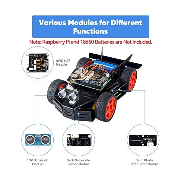 SUNFOUNDER Kit de Robot de Voiture Raspberry Pi, Module Hat 4WD, capteur à ultrasons, télécommande par PC téléphone Portable 